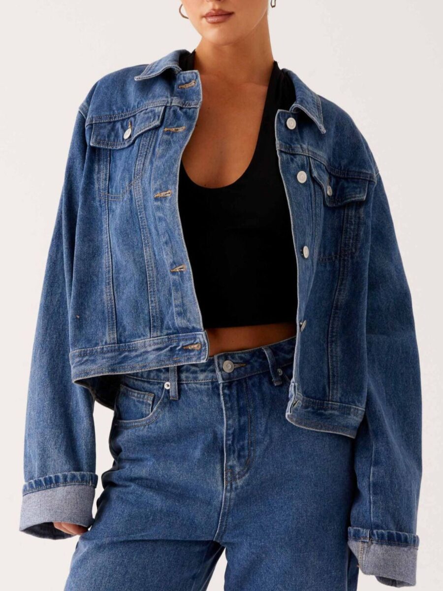 Cropped Oversized Button-Down Denim Jacket | 4 Colors | Poundton