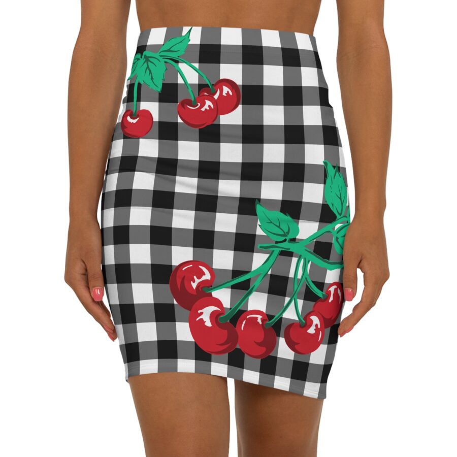 Women's 1990s Fitted Mini Skirt  in Black Gingham Vintage Cherries Print | Pinup Couture