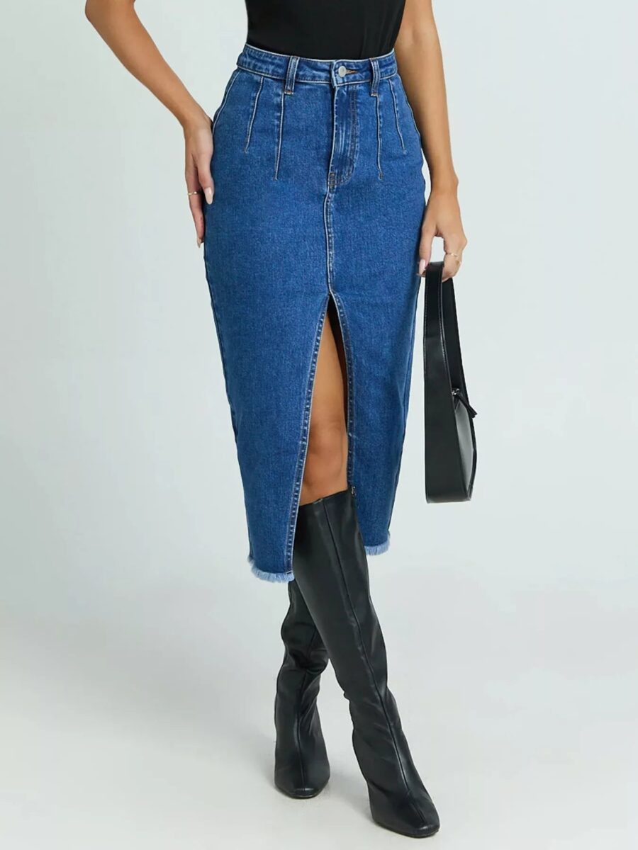 High-Waisted Slit Denim Skirt | Poundton