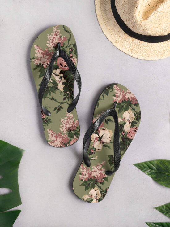 Amie Thong Flip-Flop Beach Sandals in Green Caledonia Bella Roses | Pinup Couture Relaxed