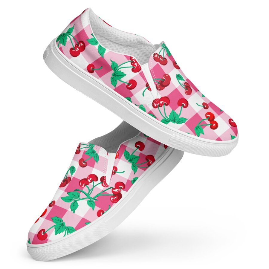 Pink Gingham Cherry Girl Women's Canvas Slip-on Deck Shoes | Pinup Couture Relaxed
