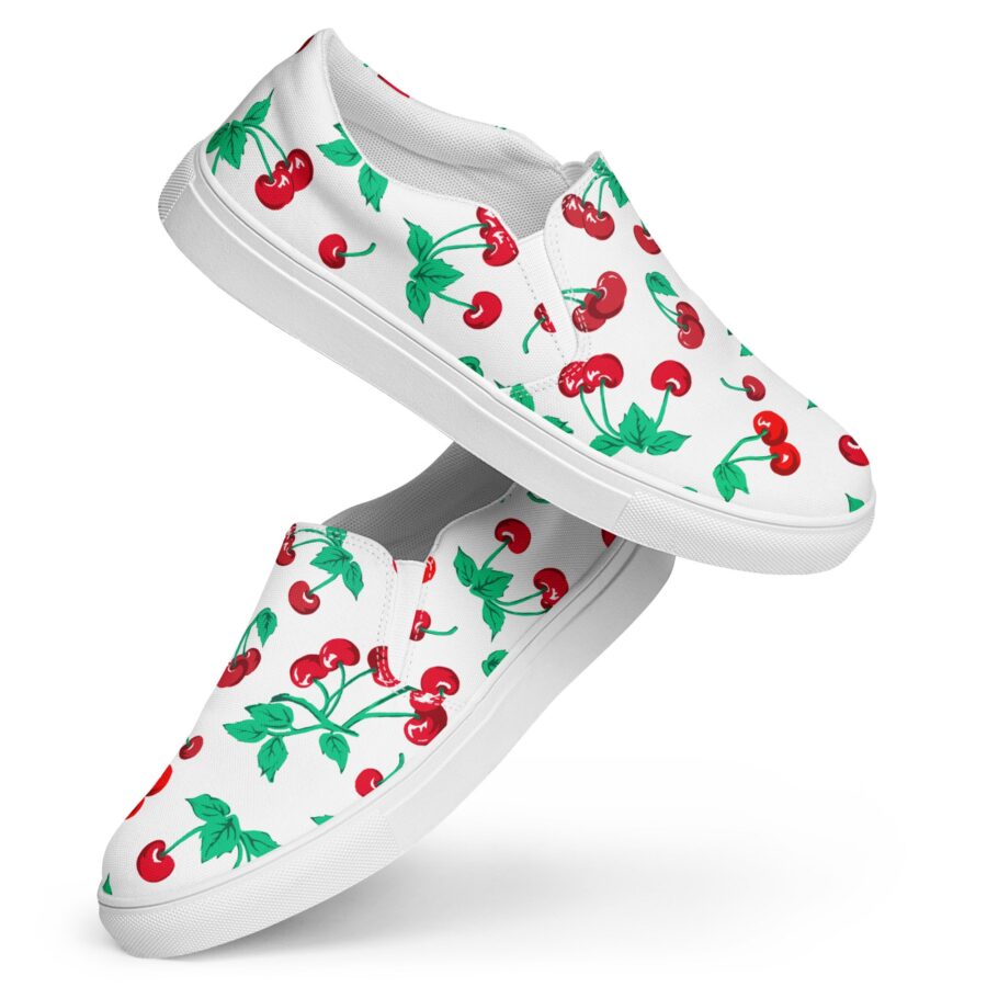 White Chocolate Cherry Print Women's Canvas Slip-On Deck Shoes | Pinup Couture Relaxed