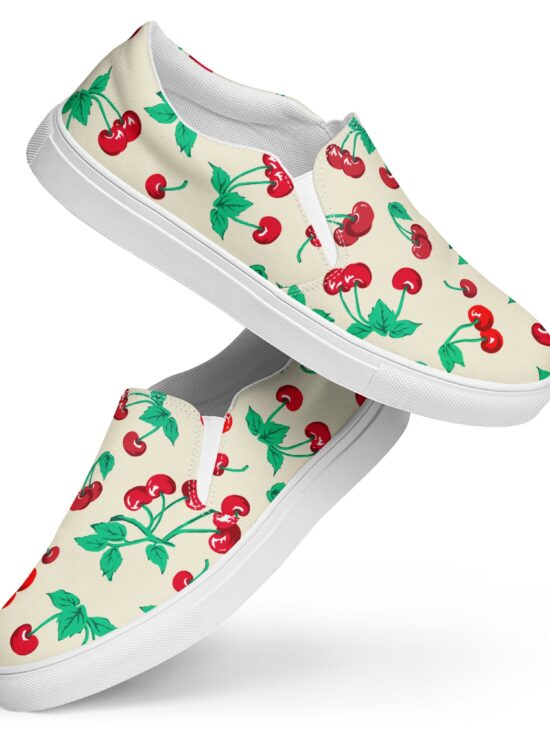 Antique Ivory Cherry Girl Women's Canvas Slip-On Flat Deck Shoes | Pinup Couture Relaxed