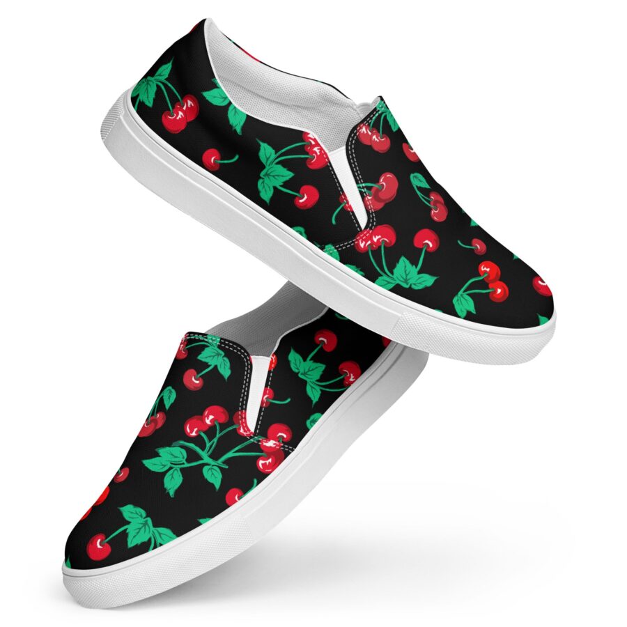 Black Coffee Cherry Girl Print Women's Canvas Slip-On Deck Shoes | Pinup Couture Relaxed