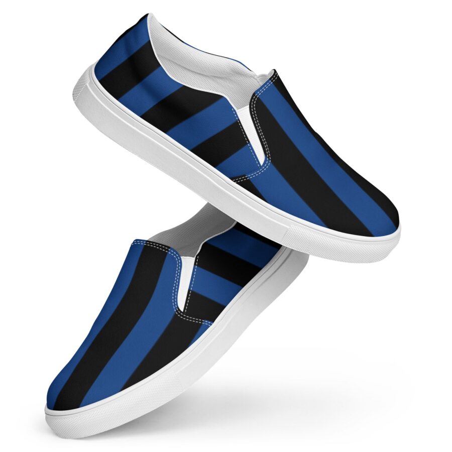 Nevermore Blue & Black Mark Stripe Women's Canvas Slip-On Flat Deck Shoe | Dorothy Shoes